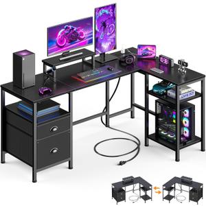 Furologee L Shaped Computer Desk with Power Outlet, Reversible Home Office Desk for Work Study, 50 Inch Corner Gaming Table with File Drawer, Monitor Stand, Storage Shelves, Black