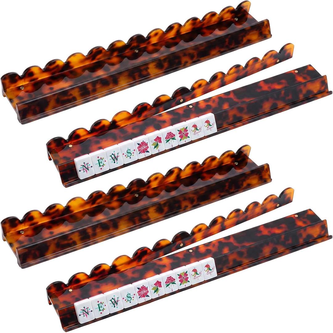 DoubleFill 4 Pack Acrylic Mahjong Tile Rack & Pusher Set, Tortoiseshell, 18 x 2.36 inches