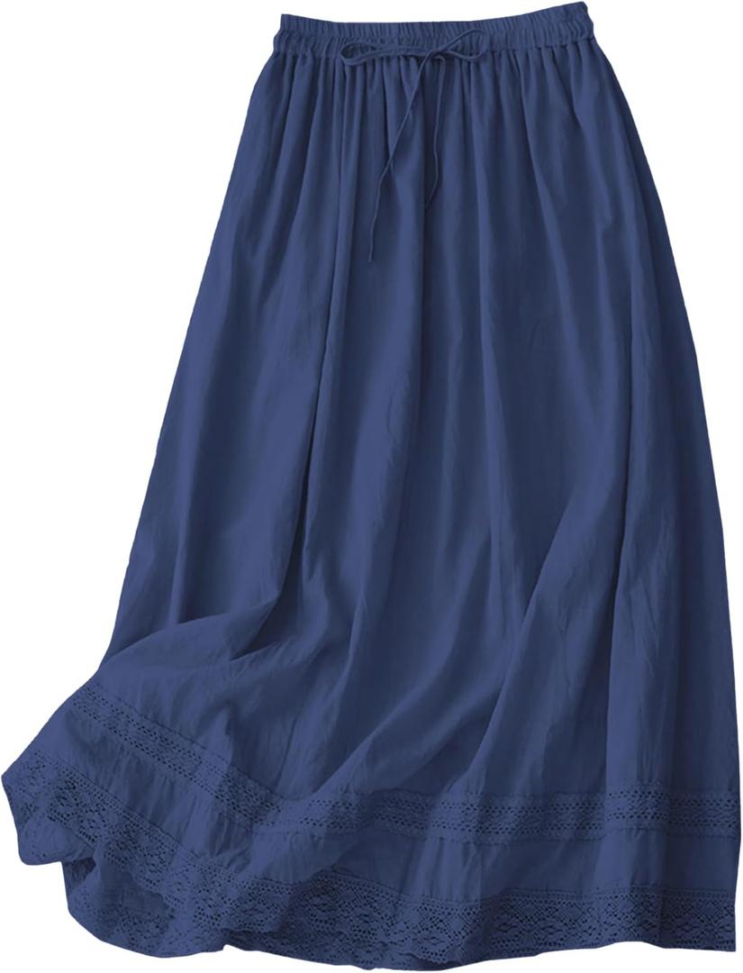 SANGTREE Women's Lace Cotton Linen Midi Skirt High Waisted A Line Flowy Swing Boho Long Skirts (Blue, XL)