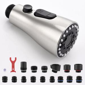J-HVA Pull Down Kitchen Faucet Sprayer Head Replacement Part with 14 Adapters, 3 Function Pull Out Sink Sprayer Replacement Nozzle, Kitchen Faucet Head Hose Spray Tap Spout, Brushed Nickel