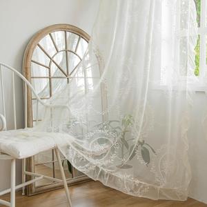 Ivory Lace Curtains 84 Inches Long for Bedroom Living Room, Sheer Victorian Florals Embroidery Scalloped Edges, Window Treatments Farmhouse Country Pair Decor Rod Pocket, W57 x L84