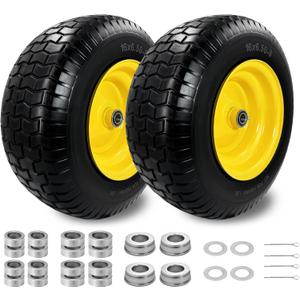 2Pcs 16×6.50-8 Tire and Wheel with 1 Inch Axle, Fits 3/4" Bearing & 1" Bushing, 3-5" Offset Hub, Flat Free 16x6.5-8 Lawn Mower Tire For Lawn & Garden Riding Tractors Front Assembly Replacement, 550lbs