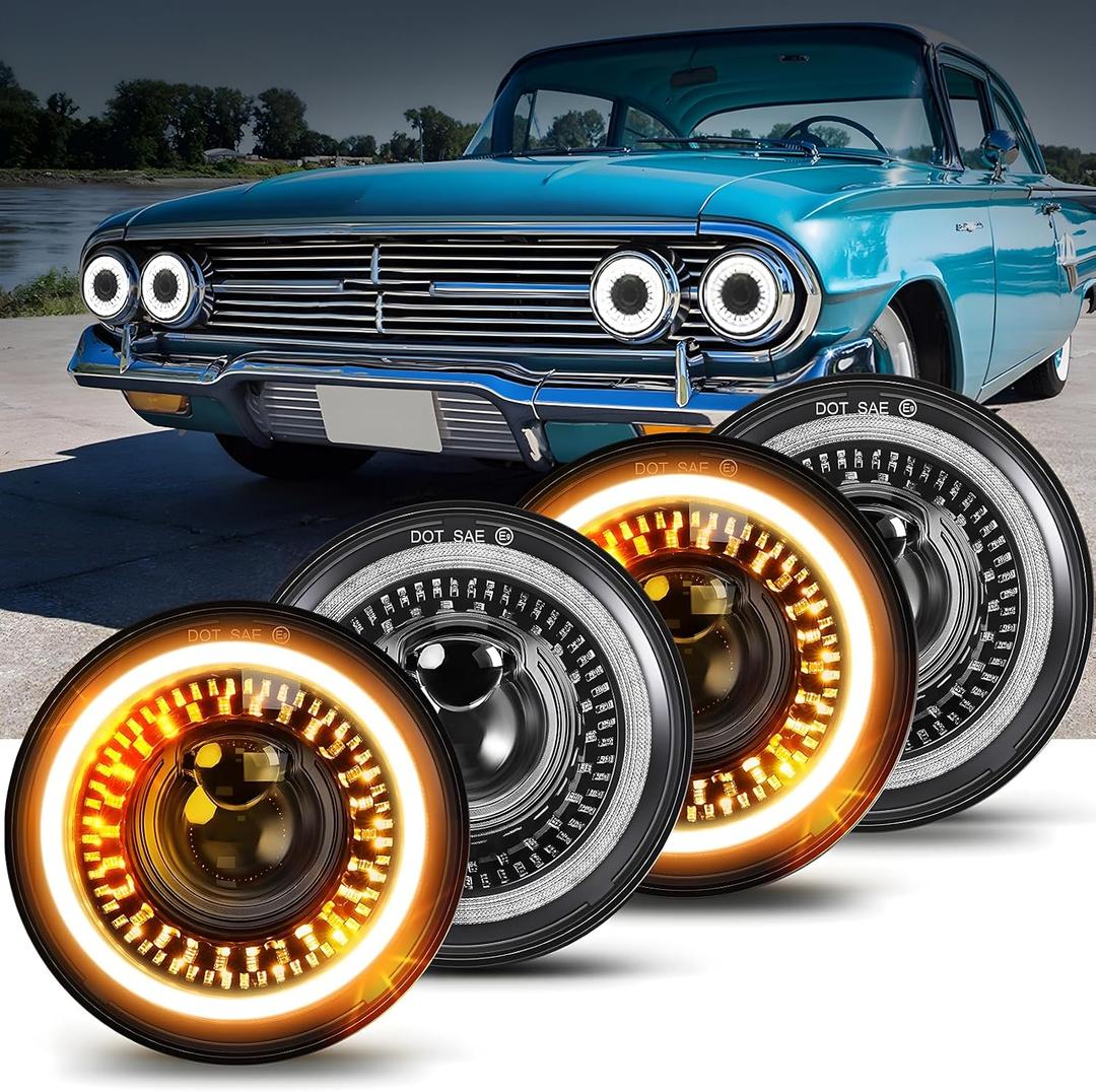 5-3/4 100% Anti-Glare Halo Headlight 4PCS 5.75 Inch LED Headlights DRL Turn Signals DOT Approved Compatible with Chevelle, El Caminos, Firebird, Semi 349 359 Set