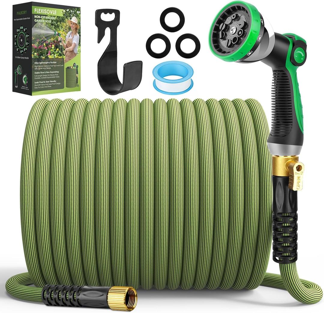 Non-Expandable Garden Hose 100 ft, Ultra Lightweight Flexible Water Hose with 10-Pattern Nozzle, Leak-Proof, High-Density Fabric, Thickened Connector, Shut-Off Valve for Yard, Lawn, Outdoor