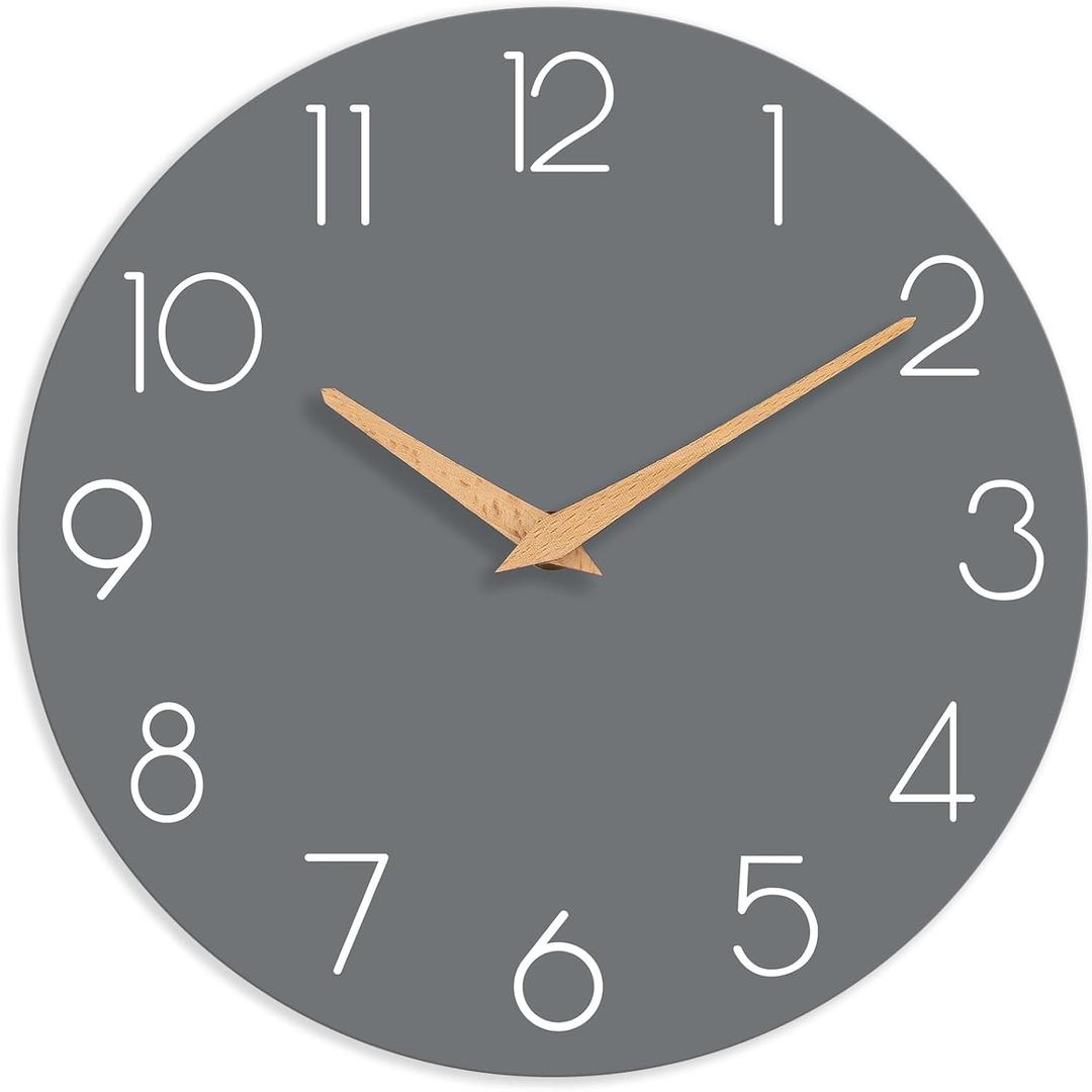 Wall Clock, 12 Inch Wooden Silent Non-Ticking, Decorative Battery Operated Wall Clocks for Bedroom, Kitchen, Home, Living Room, Office, School, Hotel (Gray)