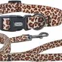 Dog Collar and Leash Combo Set, Leopard Pattern, Polyester Material, 150CM Matching Leash, for Small Puppy Dogs.(S, Light Coffee Leopard)