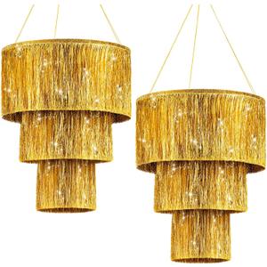Rossesay 2 Piece Gold 3 Tier Fringe Tinsel Chandelier Fringe Chandelier Decoration Birthday Bachelorette Party Decoration Iridescent Foil Shimmering for Graduation Prom Party Decor 2026