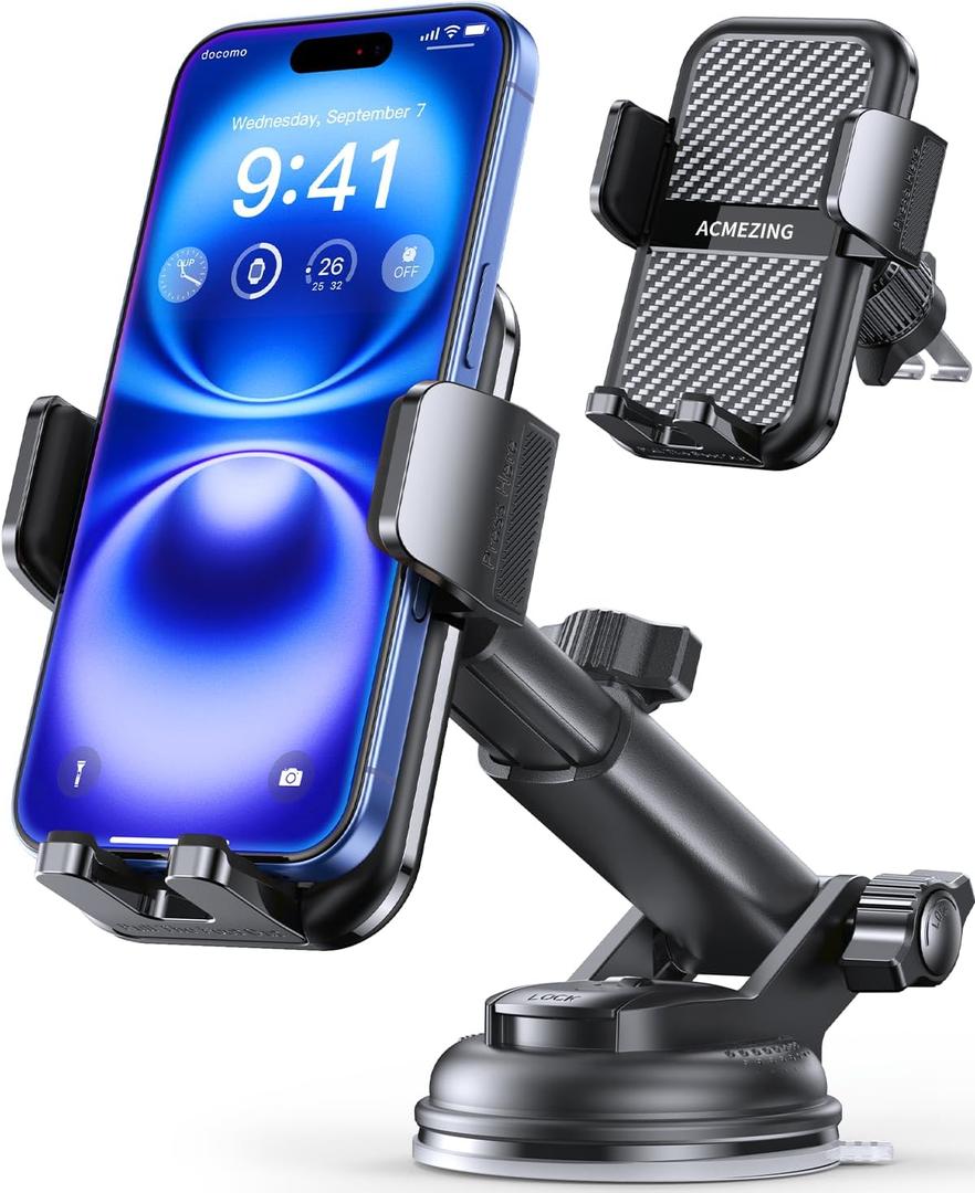 3-in-1 Car Phone Holder [122+LBS Strongest Suction & Stable Clamp Arm] 360 Adjustable Car Phone Mount, Cell Phone Holders for Your Car for Dashboard Vent, All Smartphones & Car Models (Black)