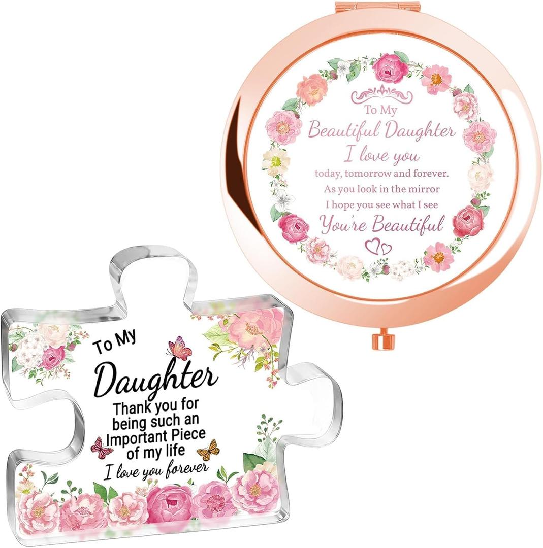 ekiinova Daughter Gifts Compact Mirror with Acrylic Puzzle Piece, Daughter Gorgeous Colorful Mirror Gift for Women Ideal Daughter Birthday Stocking Stuffers (Daughter, Rose Gold + Puzzle Piece)