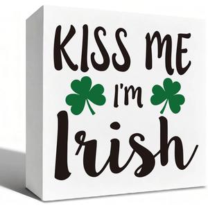 St Patrick's Day Decor Kiss Me I'm Irish Wooden Box Sign, Funny Irish Quote Tabletop Decoration for Home Bar Shelf Desk, Farmhouse Holiday Wooden Decor Party Gift for Home 5 x 5 Inches