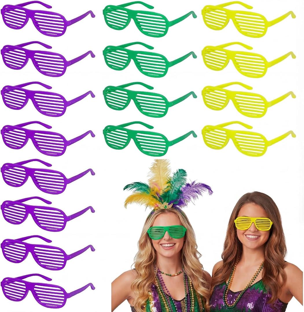 Ceenna 24 Pcs Mardi Gras Glasses Yellow Purple Green Masquerade Eyeglasses Shutter Shape Fashionable Festival Glasses Decoration for Mardi Gras Party Event Costume Accessories Decoration Props