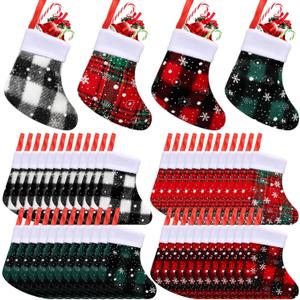 Seematn 48 Pcs Mini Christmas Stockings Buffalo Plaid Snowflake Stockings with Plush Cuff Christmas Socks Bulk for Christmas Tree Hanging Ornaments Xmas Table Dinnerware Decor