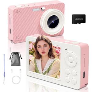 Digital Camera for Photography Autofocus, FHD 4K Point and Shoot Cameras with 32GB SD Card, Portable Travel Camera with 16X Digital Zoom, Small Compact Camera for Girls Teens Beginners, Pink