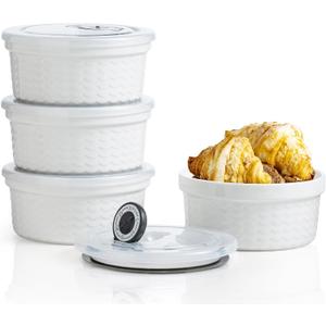 Ceramic Ramekins with Lids Oven Safe Set of 4, Baking Bowls for Dessert, Food Storage Bowls with Airtight Lids, Meal Prep Containers, Lunch Office Meal for Microwave and Freezer, White Ripple (12 oz)