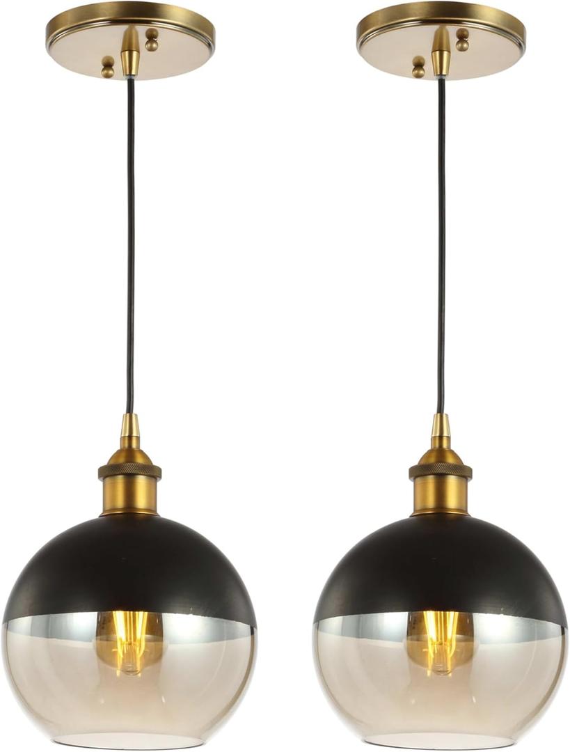 JONATHAN Y 7.5" Brass Gold/Black 1-Light Mid-Century Modern Globe Pendant Light, Adjustable LED Hanging Ceiling Fixture, Champagne Smoked Glass Shade for Kitchen Island (JYL3513A-SET2)
