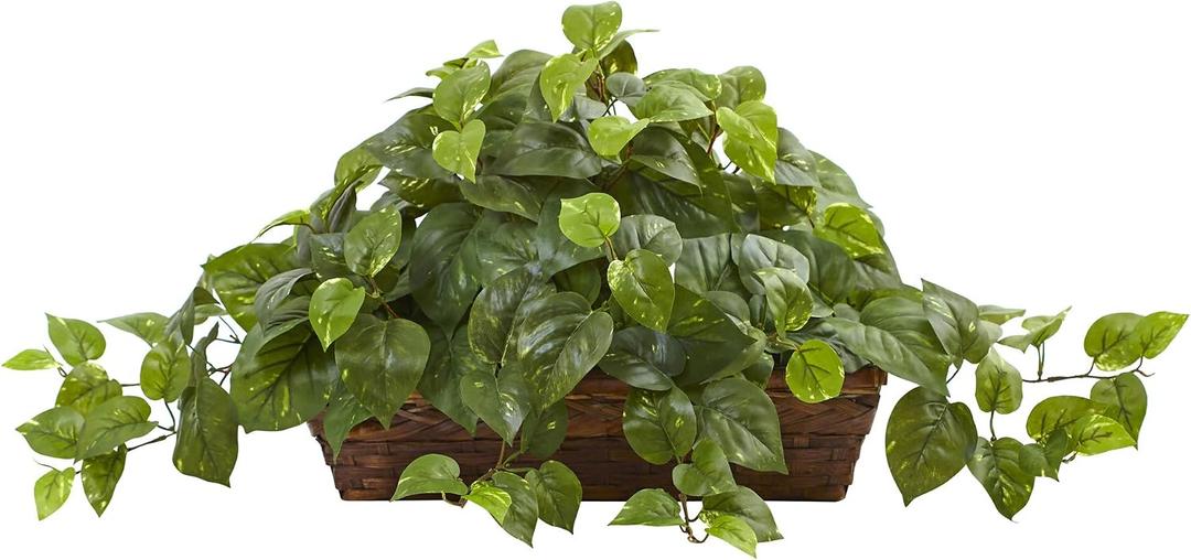 Nearly Natural 34in Artificial Pothos Ivy Plant with Ledge Basket Faux Trailing Cascading Greenery for Indoor Home Decor