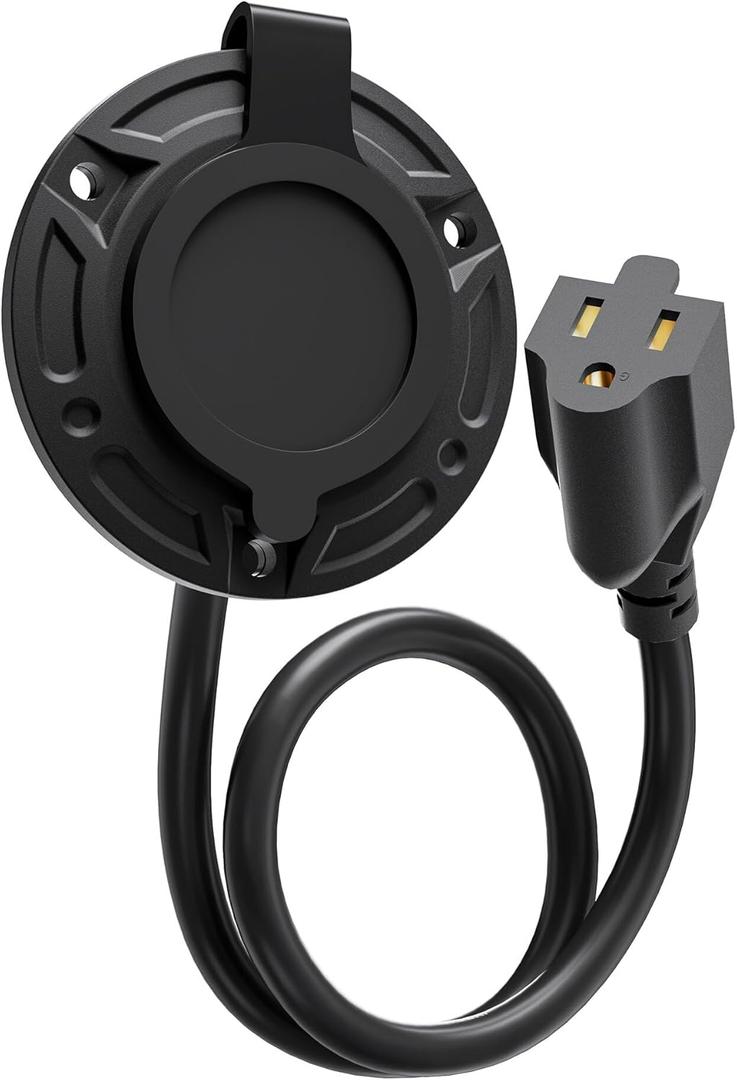 RV Shore Power Inlet Charger Plug, 15A AC Port Plug 125V Power Inlet Socket Waterproof RV Electrical Outlet Receptacle Box with 16-Inch Integrated Outdoor Extension Cord for RV Power Inlet Trailer Plug