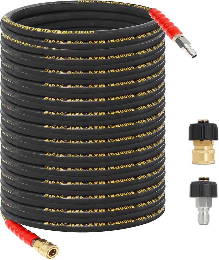 100FT Pressure Washer Hose 3/8''- 5000 PSI High Tensile Wire Braided Kink Resistant Power Washer Hoses Extension, Hot & Cold Water Max 140F with 2 Pcs M22-14mm 3/8" Quick Connect Kits