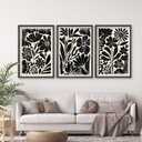 Abstract Floral Botanical Wall Art 16x24 Inch 3 Piece Black Vintage Boho Plant Flower Minimalist Wood Frame Sign Home Living Room Family Office Mid Century Print Wall Hanging Decor (Black)