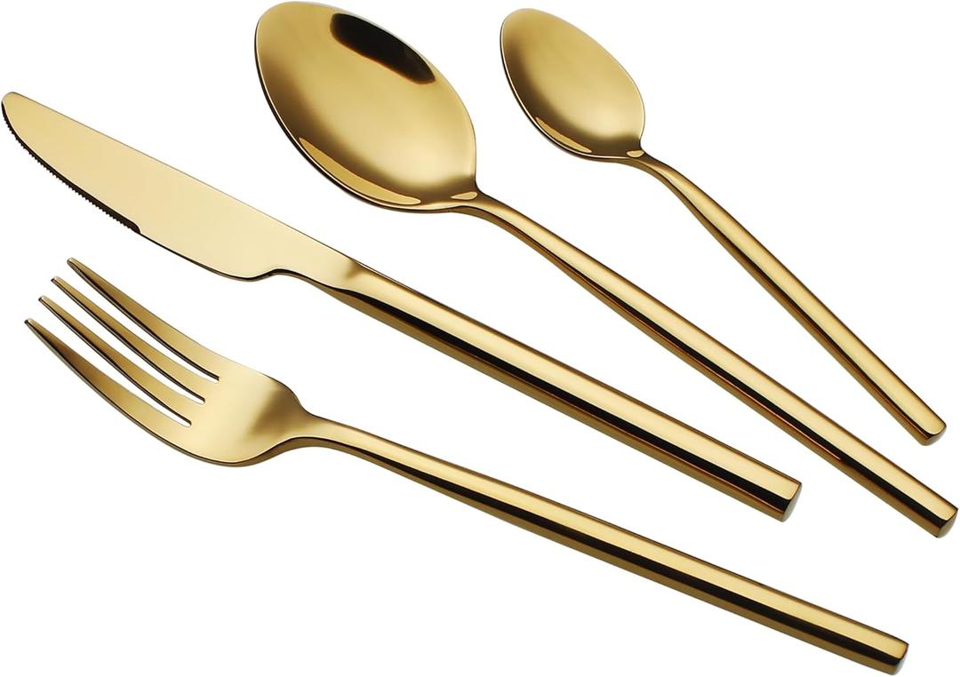 24 Piece Silverware Set For 6 Gold Heavy duty 18/10 Stainless Steel Flatware Set Modern Design Knife/Fork/Spoon Mirror Polished Dishwasher Safe Cutlery Set with Gifts