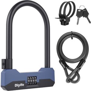 Diyife Bike U Lock Heavy Duty Anti Theft with 5FT Steel Cable, 18mm Shackle, 4-Digit Combination High Security Bike Lock with 2 Keys and Mounting Bracket for Electric Scooter, Ebike, Road, Motorcycle
