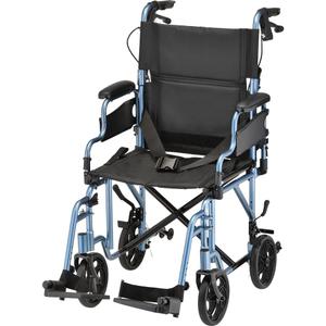 NOVA Lightweight Folding Transport Chair for Adults Aluminum Foldable Travel Wheelchair with Flip-Up Desk Arms, One-Grip Locking Hand Brakes, 8 All-Terrain Wheels, 300 lb Capacity, Blue