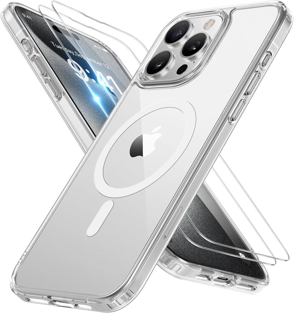 Miracase Magnetic for iPhone 15 Pro Max Case 6.7 inch (Compatible with MagSafe)with 2X Screen Protectors Military-Grade Protection, Anti-Fingerprint Translucent Matte Phone Cover, Clear