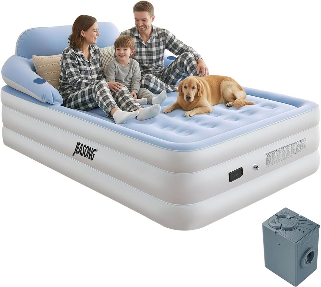 JEASONG Air Mattress Queen with Built in Pump, 20" Raised Blow Up Mattress, Cordless Inflatable Mattress, Air Bed with Headboard, Inflatable Bed Portable Airbed for Camping, Guest, and Home, 700 lbs