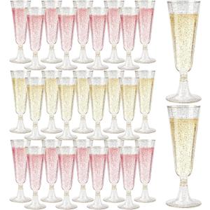 GuanQiao 100 Pack Plastic Champagne Flutes, 5.5 OZ Disposable Plastic Champagne Glasses with Gold Glitter, Wine Glasses Cups for Wedding Celebration Party Wine Tasting New Years Eve Supplies