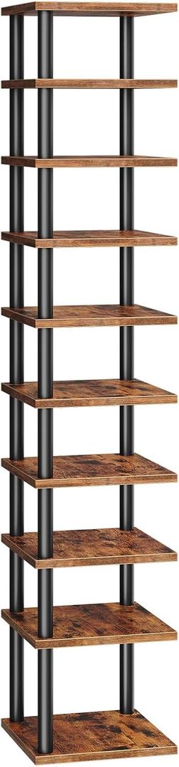 HOOBRO Vertical Shoe Rack, 10-Tier Narrow Shoe Shelf, Shoe Storage Organizer for Small Space, 11" L x 11" W x 68" H, Closet, Entryway, Hallway, Bedroom, Rustic Brown and Black BF32XJ01