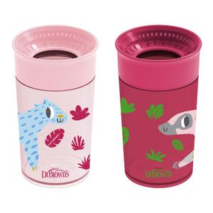 Dr. Brown's Milestones Cheers 360 Cup Spoutless Transition Cup, Travel Friendly & Leak-Free Sippy Cup, Pink Leopard  Red Lemur, 10 oz/300 mL, 2 count (1 pack)