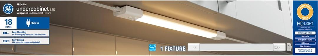 GE LED HD+ Undercabinet Light Fixture, Linkable Integrated Slim Profile Fixture for Kitchens, Warm White Color, Plug-in, 18in (1 Pack)