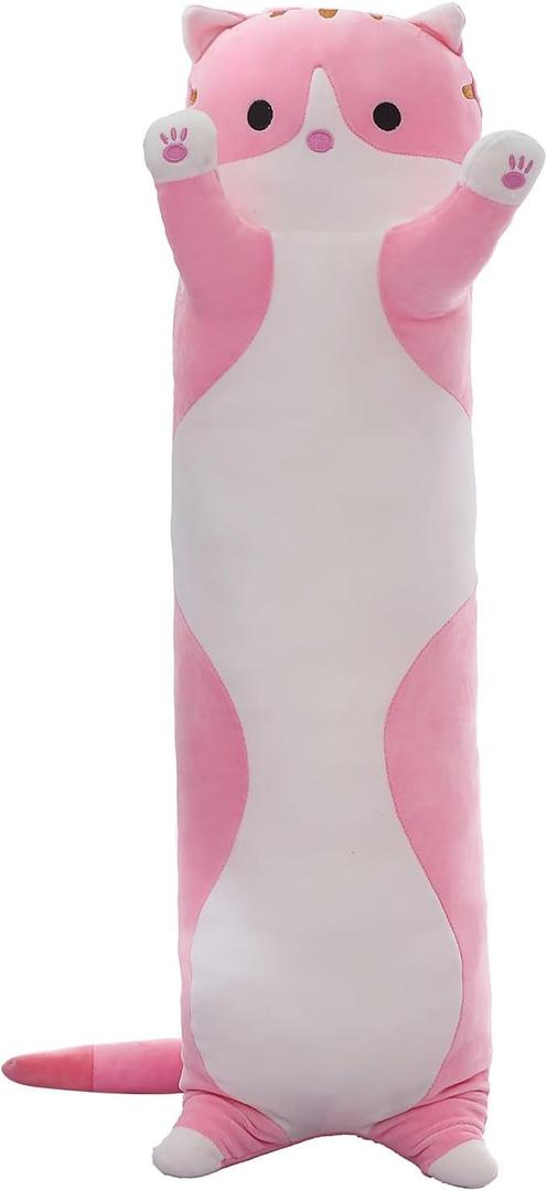 Cute Cat Plush Long Body Pillow  Soft Cartoon Stuffed Animal Doll, Kawaii Cat Plushie Cuddle Toy Gift for Kids, Girls & Girlfriend (Pink, 19.7 Inch)