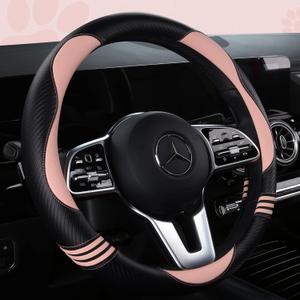 HighnessHwoo Car Steering Wheel Covers for Women Girl Padded Carbon Fiber PU Leather Cute Cartoon Auto Interior Accessories for Jeep, Truck, Universal, Anti Slip, Pink, Large Size, 15.2-16in