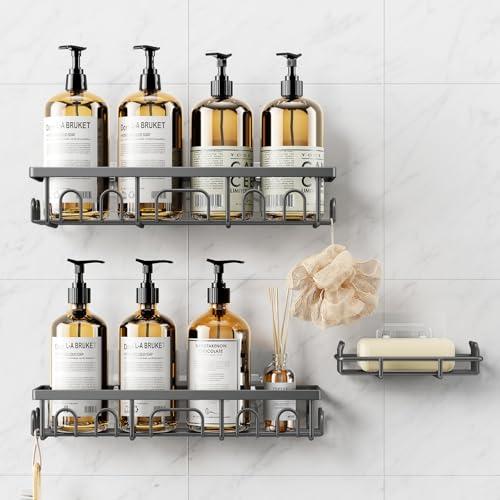 Deyhoc Shower Caddy, 3 Pack Shower Shelves for Inside Bathroom, Rustproof Adhesive Bathroom Organizer with Soap Holder, No Drilling Washroom Organizers and Storage for Bathtub Room/Kitchen/Home, Grey