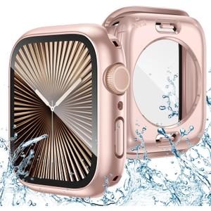 Goton 2 in 1 Waterproof Case Compatible for Apple Watch Series 11/10 Screen Protector 42mm, 360 Protective Glass Face Cover Hard PC Bumper + Back Frame for iWatch Accessories 42 mm (Original Rose Gold)