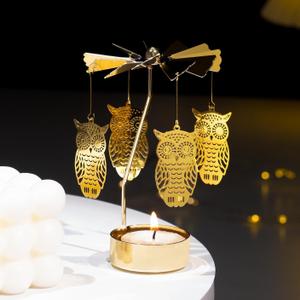 Spinning Candle Holder, Gold Tea Lights Candle Holder Owl Carousel Candle Spinner, Rotating Metal Candle Holders for Table Centerpiece Owl Tealight Holder for Christmas Festival Home Decor