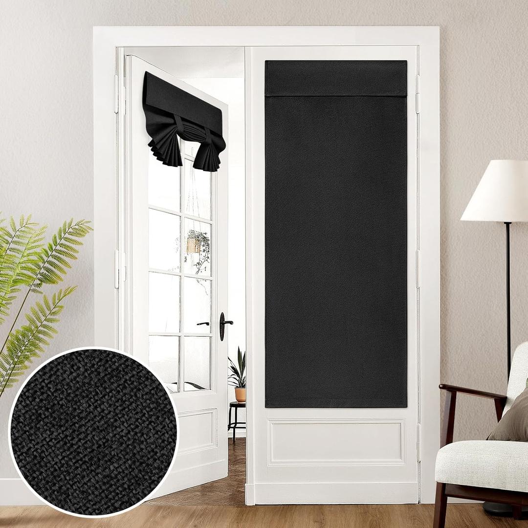 HOMEIDEAS 100% Linen Blackout French Door Curtains, Privacy Door Window Curtains, 26 X 68 Inch Room Darkening Blinds, Thermal Insulated Shades for Bedroom, 1 Panel, Black