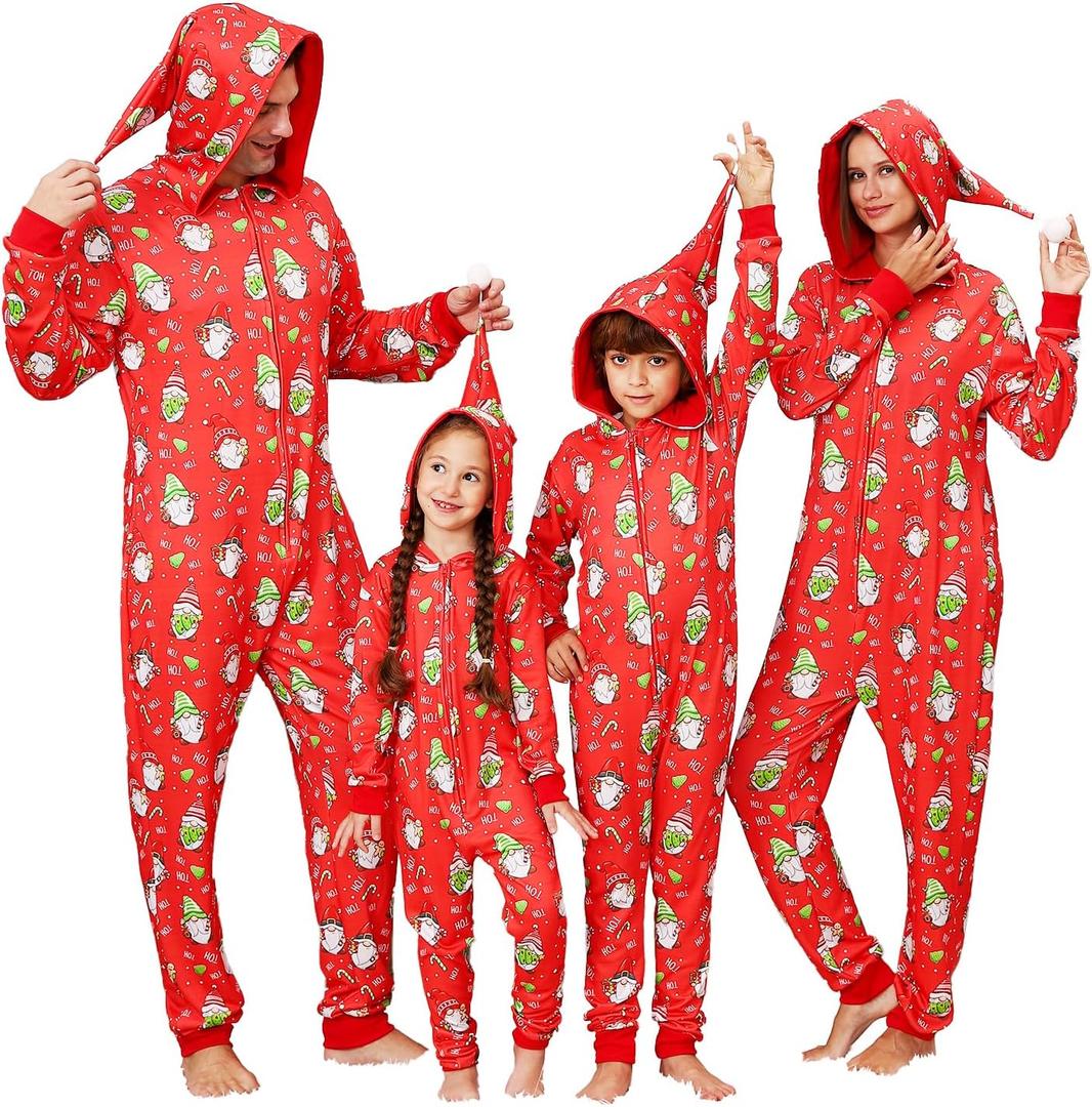 ANGELGGH Family Matching Christmas Onesie, Cute Vacation Xmas Print One Piece Pajamas, Hooded Holiday Sleepwear Nightwear PJs (Red, M)