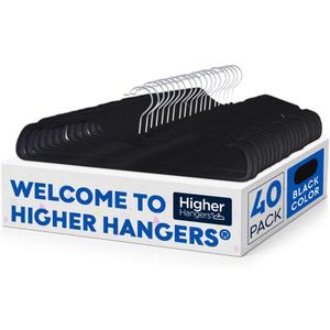 Higher Hangers Slim Black (Non-Velvet) Short Neck Vertical-Space-Saving Clothes Hangers, 40-Pack, Reduce Wrinkles & Max Closet Space in Home, Apartment, Dorm, RV, Boat, Yacht, 17 inches wide x 6 inches tall x 1/4 inch thick