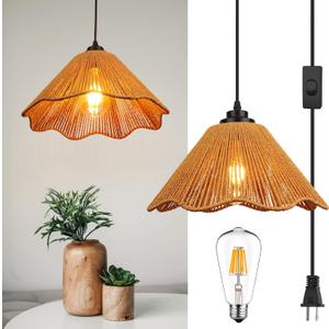 Plug in Pendant Light,Rattan Hanging Lights with Plug in Cord 13FT Hemp Black Cord, On/Off Switch Chandelier for Boho Living Room Bedroom KitchenBulb Included 12 x 6 inch (Umbra Wave-Brown (1-Pack))