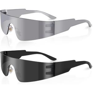 Futuristic Wrap Around Fashion Sunglasses Y2K Silver Trendy Rimless Glasses Cyberpunk Eyewear Women Men Rave Party