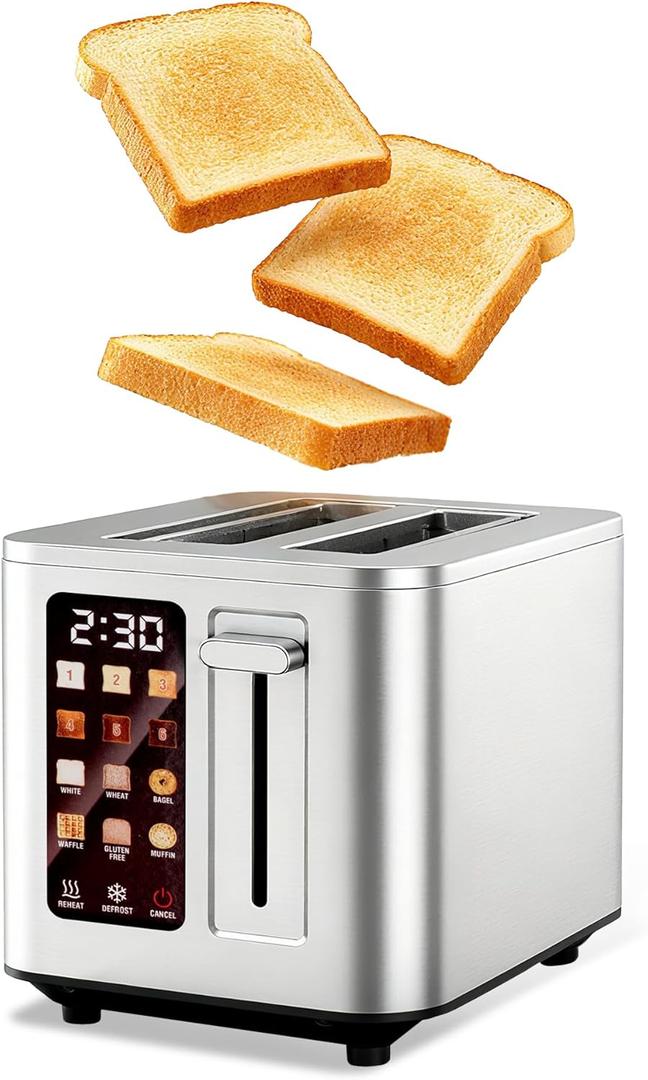 Touch Screen Toaster 2 Slice, Stainless Steel Toasters Digital Timer 2 Slot Toasters, 6 Shade Settings 6 Bread Types for Bagel, Defrost, 304 Stainless Steel, 1.5 Inch Wide Slot, 12.2*8.66*7.48 Inch