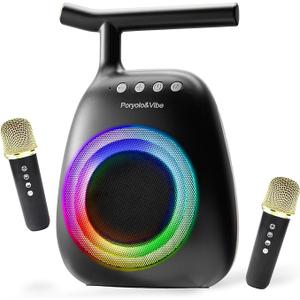 Karaoke Machine for kids Adults Portable Bluetooth Speaker with 2 Wireless Microphones LED lights Artistic Design 8-Hour Battery Support Family&party choice Fun for all ages Gifts, Black
