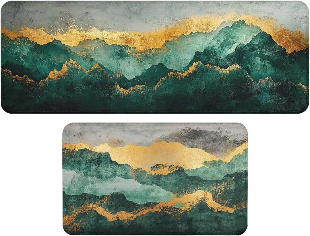 Abstract Kitchen Decor Rugs Set of 2, Mountain Landscape with Golden Peak Kitchen Rugs and Mats Non Skid Washable Absorbent Kitchen Accessories Decoration Floor Mats 17x29 and 17x47 Inch