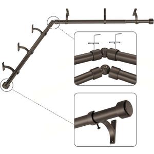 Dark Bronze Corner Window Curtain Rods with Aluminum End Cap Finials and Brackets,1 Inch Diameter Bay Window Curtain Rods,2 Sided 36-72 Inch Adjustable Drapery Rod