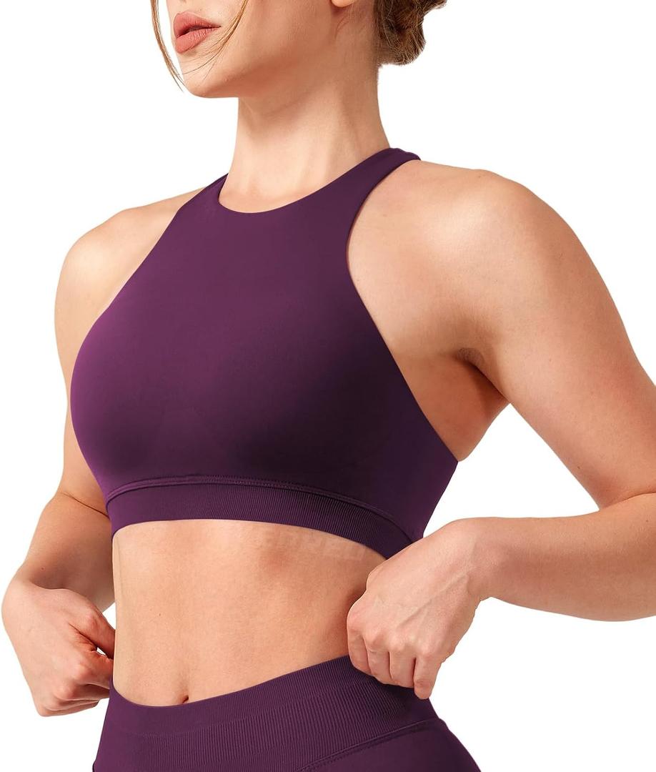 YEOREO Racerback Sports Bras for Women Padded Medium Impact Dafnien Seamless Yoga Workout Crop Tops (X-Small, Black Cherry)