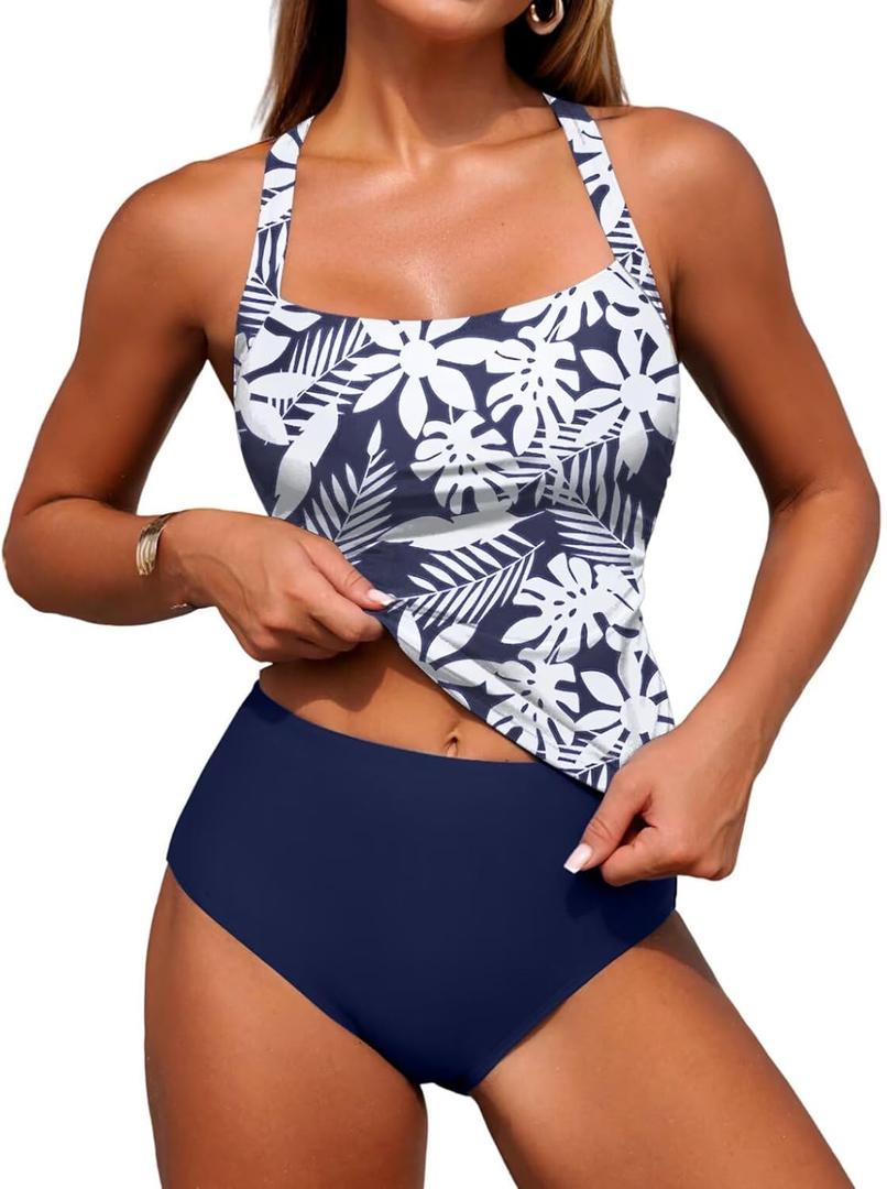 ZAFUL Women's Tankini Swimsuits Tummy Control Swimwear Two Piece Bathing Suits Swim Top with High Waisted Bottom (Large, White Blue Flower)