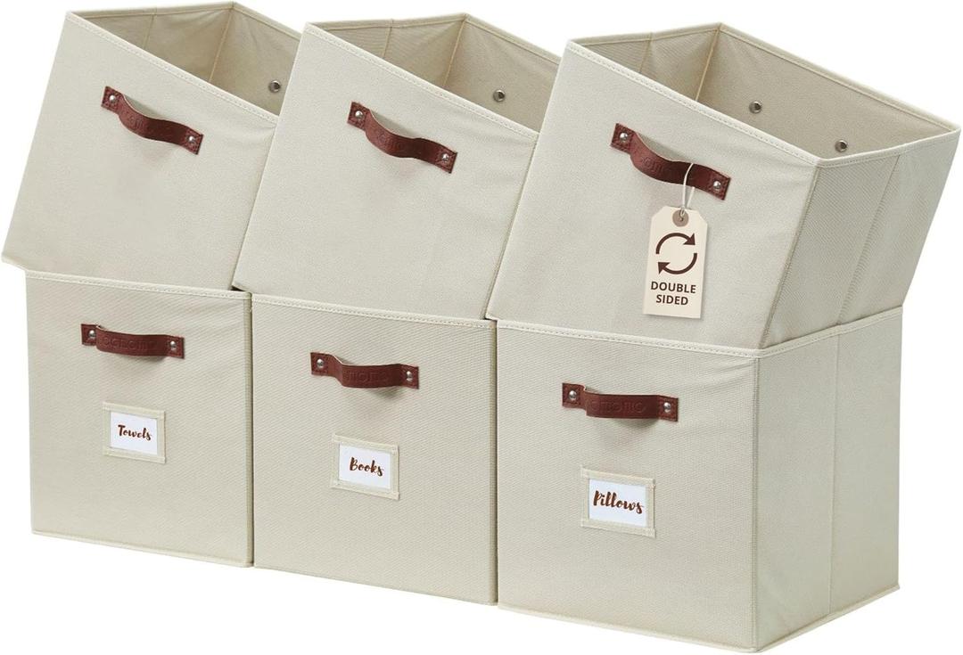 DECOMOMO Storage Bins, Cube Storage Bin with Labels, Fabric Storage Cubes for Shelves (10.5" x 11" / 6pcs, Beige) (Cube 11" / 6pcs, Beige)