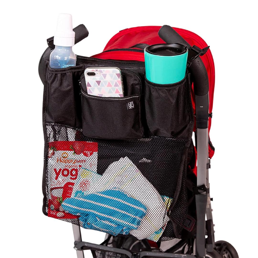 J.L. Childress Cups 'N Cargo Universal Stroller Organizer with Cup Holders and Mesh Storage Compartment - Deep Cup Holders - Multiple Zippered Pockets - Fits Uppababy, Stroller Wagons & more - Black